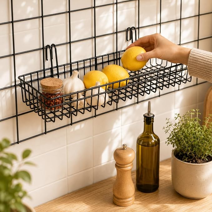 ANZOME Grid Wall Baskets, 2 Pack Black Hanging Wire Basket Shelves for Kitchen Pantry Wall Storage, Metal Mesh Organizer with Hooks for Fruits, Spices, Plants and Small Supplies