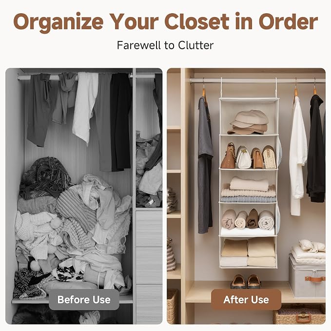 StorageWorks Hanging Closet Organizer, 5-Shelf Hanging Shelves with 2 Hooks, Foldable Space-Saving Design, Closet Organizers and Storage for Bedroom, Dorm, Locker, White & Ivory