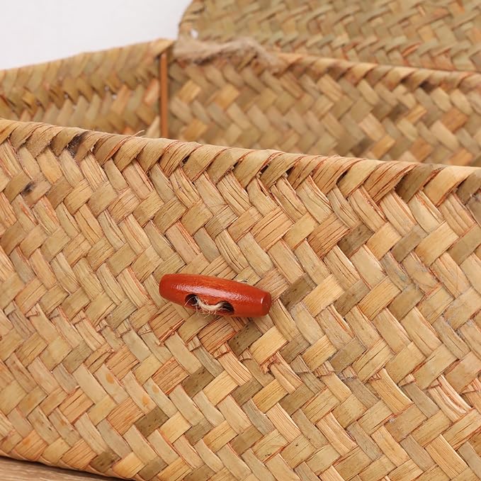 Moosky Wicker Shelf Baskets with Lid,Handwoven Seagrass Basket for Storage Basket Bins Rectangular Home Organizer Gift Boxes (Natural Set of 2)