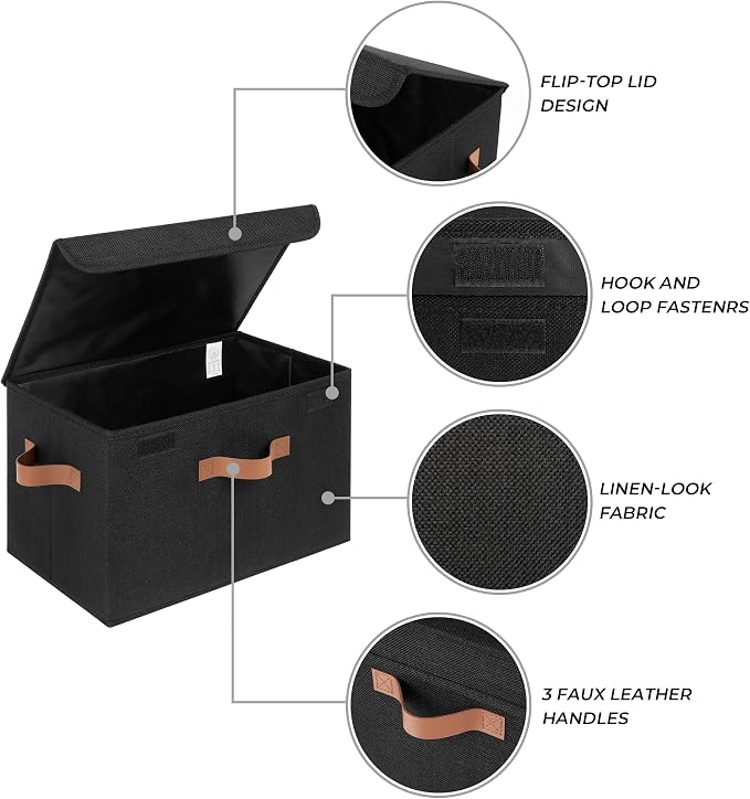 GRANNY SAYS Storage Bins with Lids, Decorative Storage Boxes with PU Handles, Black Storage Bin, Linen Closet Organizer, Shelf Baskets, Fabric Storage Bins for Clothes