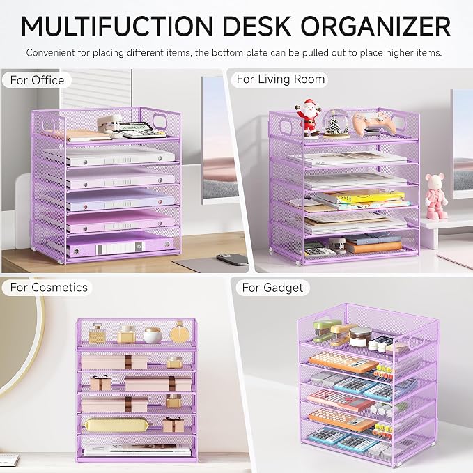 6 Tiers Letter Tray Paper Organizer with Handle, Mesh Desk File Organizer, Metal Desktop Document Shelf Organization, Paper Sorter Organizer for Office, Home or School File Folder Holder - Purple