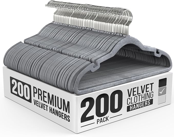 Our Modern Space 200 Pack Velvet Hanger for Shirt Pants Dresses Skirts Suits Jackets - Slim Space Saving Design - Standard Coat Hanger - Sturdy & Durable Design with Shoulder Grooves Hook