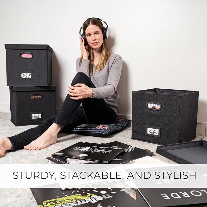 ZICOTO Decorative Vinyl Record Storage Box Set for 100+ Single Records - Sturdy and Easy to Carry LP Holder with Lid - The Perfect Storage Crate for Your Valuable Album Collection