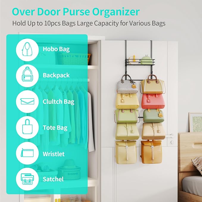 HapiRm Over The Door Purse Organizer - Wall Mounted Purse Rack with 10 Hooks and Metal Basket, Hanging Handbag Organizer Holds up to 10 Bags, Bag Rack Can Use As 1/2 Part, for Door, Closet (Black)
