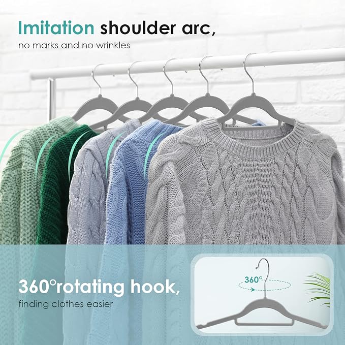 DUDUCOFU Velvet Hangers Non Slip Felt Hangers, 50 Pack Grey Velvet Clothes Hangers Space Saving Slim with 360 Degree Swivel Hook for Suits Coats, Jackets, Pants, and Dress Clothes