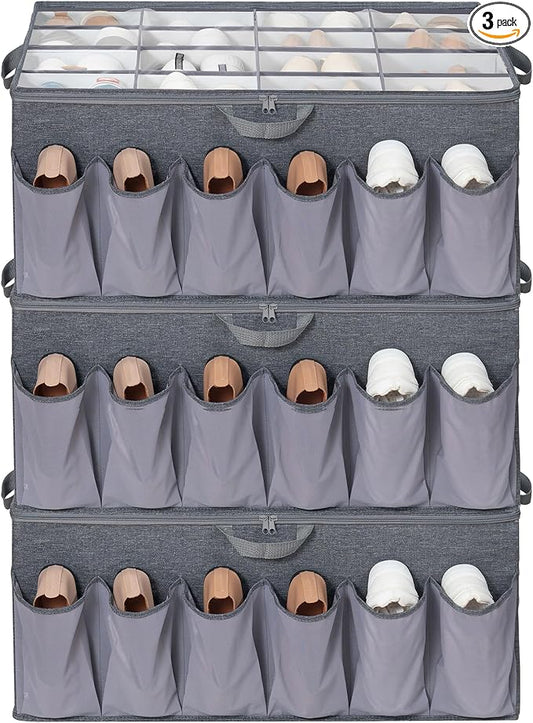 Extra Large Fabric Shoe Organizer for Closet, Fits up to 28 Pairs, Foldable Shoe Storage Bin Containers with Adjustable Dividers and Clear Cover, Grey, 3 Pack