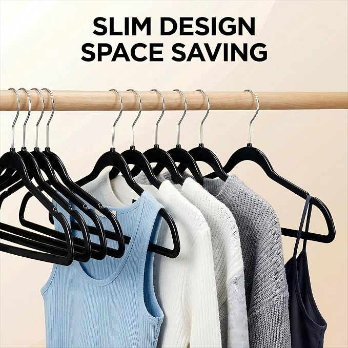 HOUSE DAY Black Plastic Hangers 50 Pack - Ultra-Thin Heavy Duty Non-Velvet | Hangers with 360° Swivel Hook & Non Slip Notches - Slim Space Saving Clothes Hangers Ideal for Dresses Coats Shirts Jackets