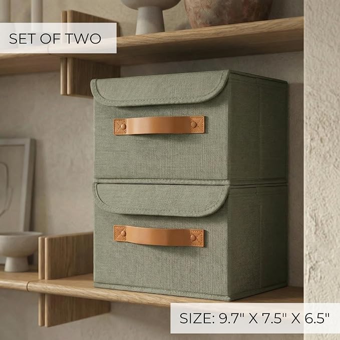 Decorative Linen Storage Boxes with Lids - Spacious Set of 2 Organizer Bins for Your Home Decor - The Perfect Small Container to Safely Store Photos, Documents and Memory Box Keepsakes in Style