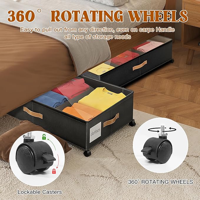 Under Bed Storage with Wheels, Rolling Storage Containers with Clear Lid and Handles for Clothes, Shoes, Blankets, Pillows, Toys, Books, Bags (60L, 30.9 x 16.9 x 6.7in, Black, 1 Pack)