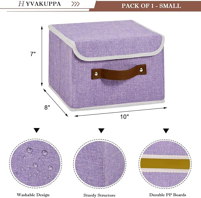 2PCS Collapsible Storage Boxes Baskets with Lid Cotton Linen Fabric Storage Bins with Faux Leather Handles Washable Cube Organizer Container for Home Closet Bedroom Purple Small Size