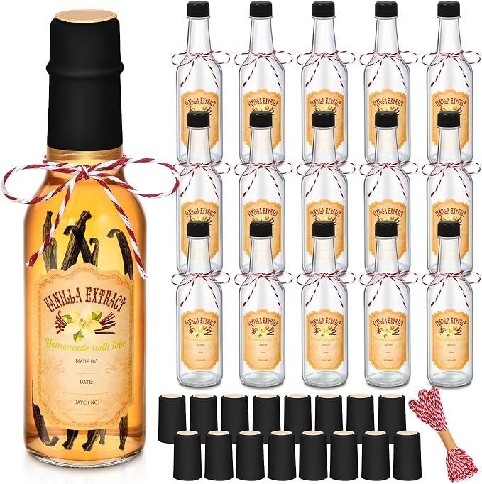 Tioncy 16 Pcs Empty Vanilla Extract Bottles for Homemade Vanilla Jar Glass Bottle with Cap, Shrink Band, Sticker DIY Crafts Wedding Gift Food Storage Canister for Bean(Black,3 oz)