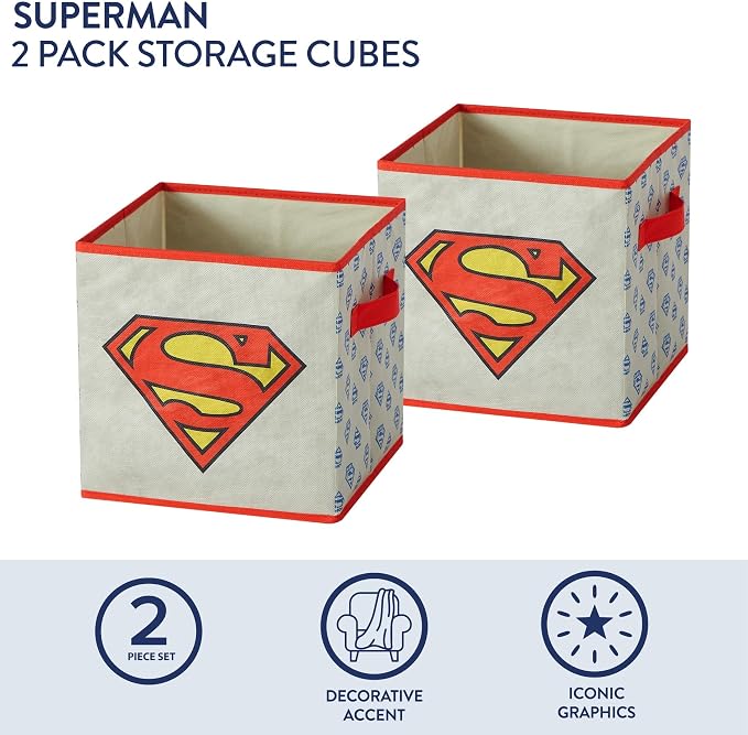 Superman Kids Storage Cubes, 2 Pack Foldable Fabric Bins with Handles, Collapsible Organizer Boxes for Bedroom, Playroom & Nursery, Durable Kids Storage Solution