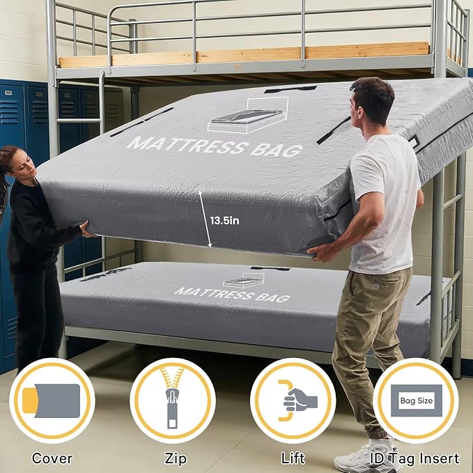 Mattress Bags for Moving and Storage, BETU Waterproof Mattress Protector Twin XL Mattress Cover with 8 Heavy Duty Handles and Zipper Extra Thick Moving Supplies for Dorm Reusable (82x42x13.5 Grey)