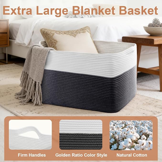 75L Large Blanket Basket, Rectangular Cotton Rope Basket, Laundry Hamper for Blankets, Pillows, Extra Large Toys Storage Bins for Kids, Dogs 22" x 17" x 12", White & Black