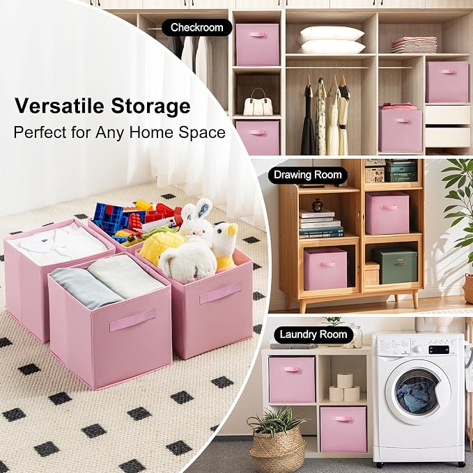 Fabric Storage Bins - 6 Pack Collapsible Cube Organizer for Closet, Shelves & Living Space, Pastel & Dark Color Options - Foldable Storage Boxes with Handles for Clothes (Pink, 11 inch)
