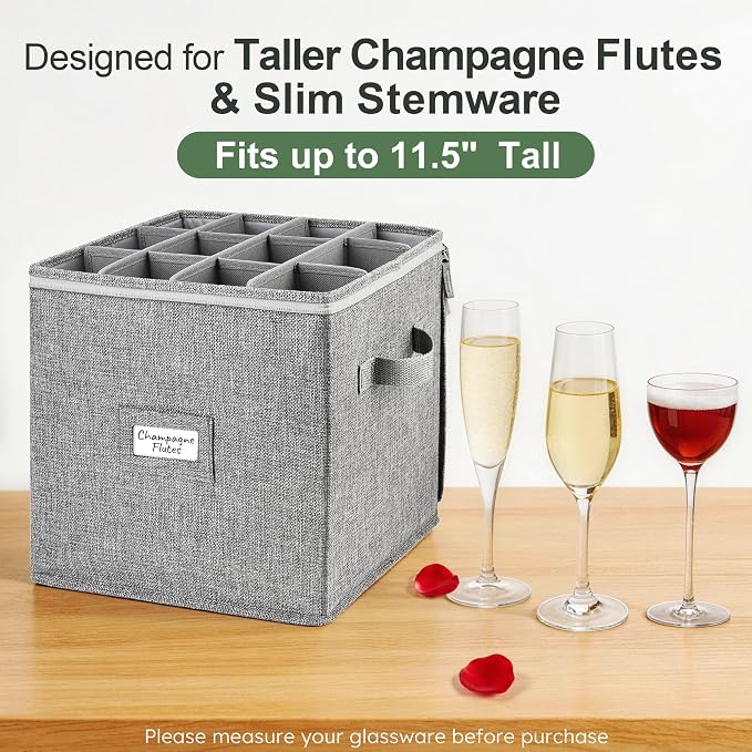 LotFancy Champagne Flute Storage Container for Moving, Hard Shell, 2 Pack Stackable 12" Tall Stemware Storage Box with Dividers & Handles, Wine Glass, Crystal Glassware, Drinkware Case, Gray