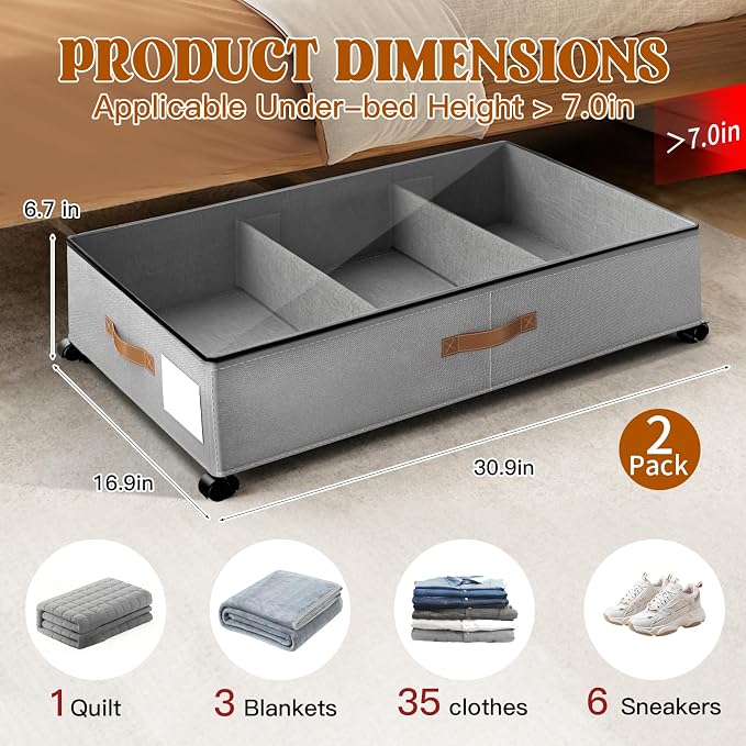 Under Bed Storage with Wheels, Rolling Under Bed Storage Containers with Clear Lid and Handles for Clothes, Shoes, Blankets, Pillows, Toys, Books, Bags (60L, 30.9 x 16.9 x 6.7in, Grey, 2 Pack)