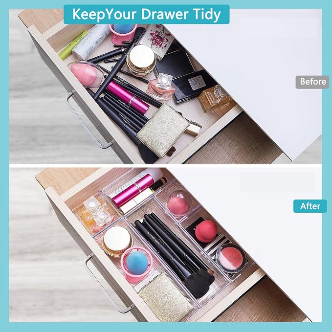DCA 44 PCS Clear Drawer Organizer Set, 4 Sizes Vanity Trays | Cosmetic Display Cases | Bathroom & Vanity | Easy to Clean