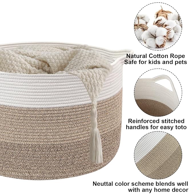 90L Extra Large Blanket Basket,Woven Rope Laundry Basket Hamper with Handles, Decorative Nursery Basket Storage Bin for Toys, Clothes Organizer, Living Room, Bedroom, Bathroom, Brown