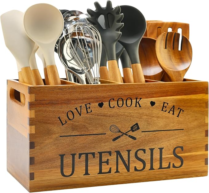 Acacia Wood Kitchen Utensil Holder Countertop Large Cooking Spoon Organizer | Farmhouse Wooden Spatula Holder for Party Counter Utensils Caddy Rustic Kitchen Accessories Decor Extra Large Utensil Crock