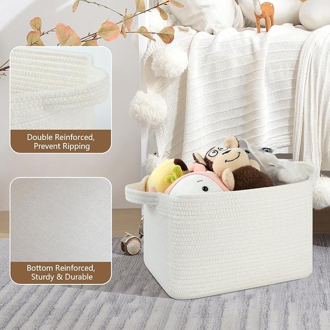 OIASKET Storage Baskets for Organizing, Woven Baskets for Shelves, Rectangle Decorative Organizer for Storage Clothes, Toy, Books, Towels Nursery Bins 3 Pack (White, 13"x9.85"x8.7")