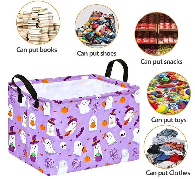 Halloween Empty Storage Basket with Handles Open Gifts&Candy Spooky Basket stuffers for Kids Baby Collapsible Women Organizer Bins Toys Boxes for Shelves Home Office