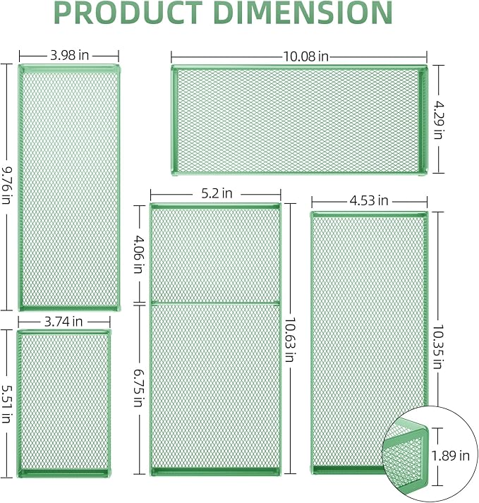 Marbrasse 5 Pack Desk Drawer Organizer Set, Mesh Drawer Storage Trays with 1 Adjustable Divider, Desk Organizers and Accessories, 5 PCS Drawer for Office Supplies, Makeup & Vanity (Green)