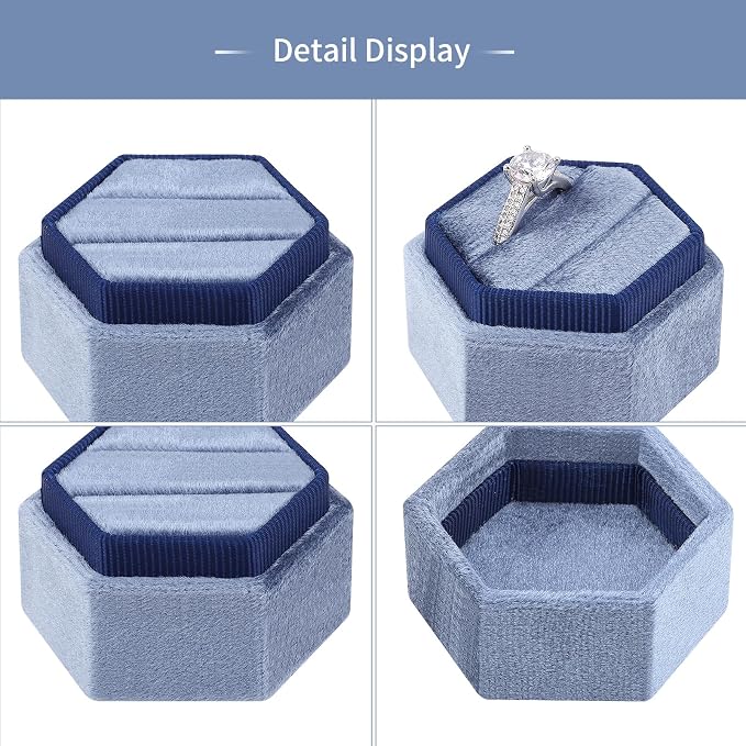 DesignSter Hexagon Velvet Ring Box - Premium Gorgeous Vintage Double Ring Display Holder with Detachable Lid for Proposal, Engagement, Wedding, Ceremony (Sapphire blue)