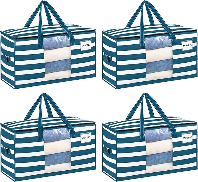 VENO 4 Pack Heavy Duty Moving Bags, Clothes and Comforter Storage Bags with Clear Window, College Dorm Essentials Packing Supplies, Foldable Boxes Alternative (Classic Navy Stripe, 4 Pack)