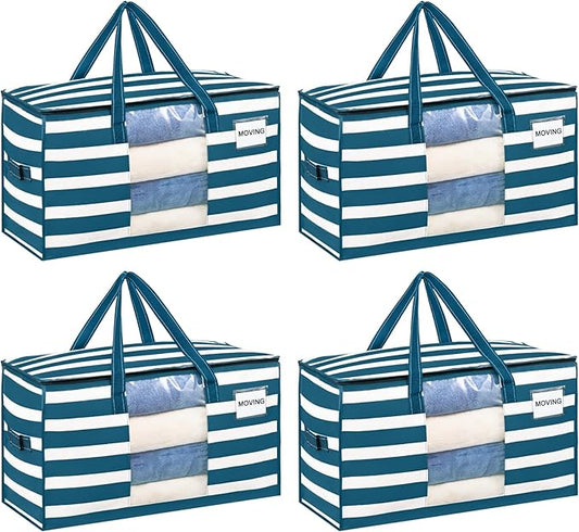 VENO 4 Pack Heavy Duty Moving Bags, Clothes and Comforter Storage Bags with Clear Window, College Dorm Essentials Packing Supplies, Foldable Boxes Alternative (Classic Navy Stripe, 4 Pack)