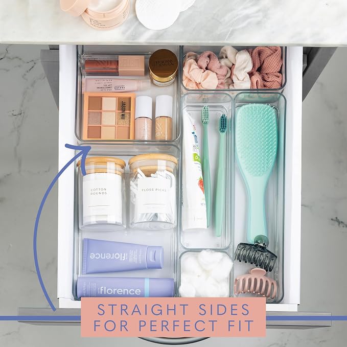 primebox Plastic Clear Drawer Organizers. Bathroom. Kitchen, Bedroom, Utensils, Office Organizer Bins, Storage Trays. Stackable. 9" x 6" x 2" Set of 6