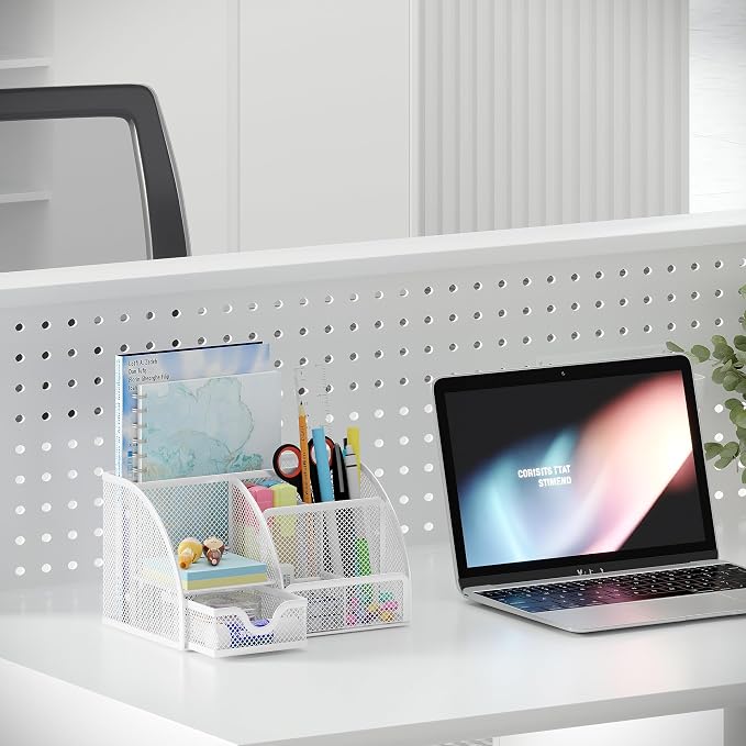 EasyPAG Mesh Desk Organizer with Drawer Multi-functional Pen Holder Stationery Organizer for Office School Supplies 6 Compartments Dorm Organizers and Storage for Desk, White