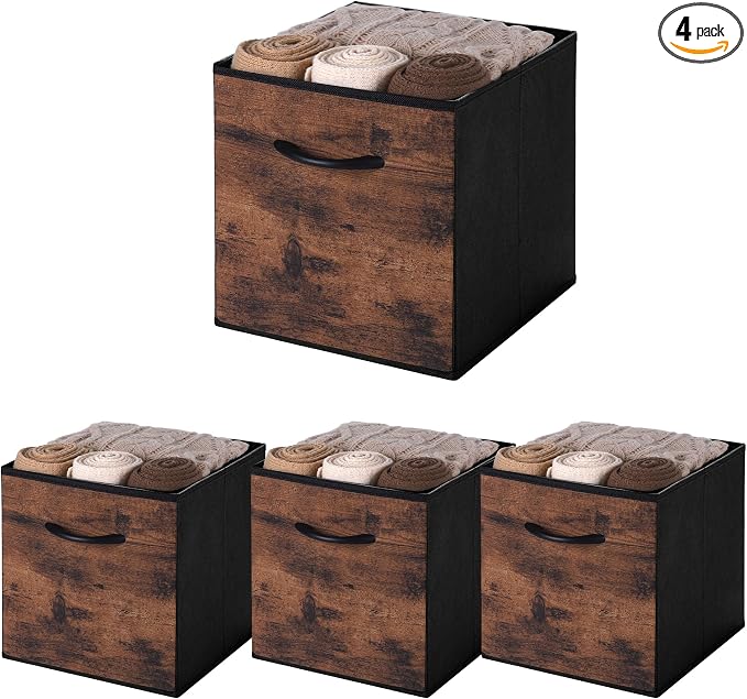 WUIKE 11-Inch Rust Brown Cubby Organizer Baskets with Handles, 4-Pack | 11-Inch Storage Cube Bins,Collapsible Storage Bins for Shelf Units, Closets, Clothes, Toys, Towels, and Bags