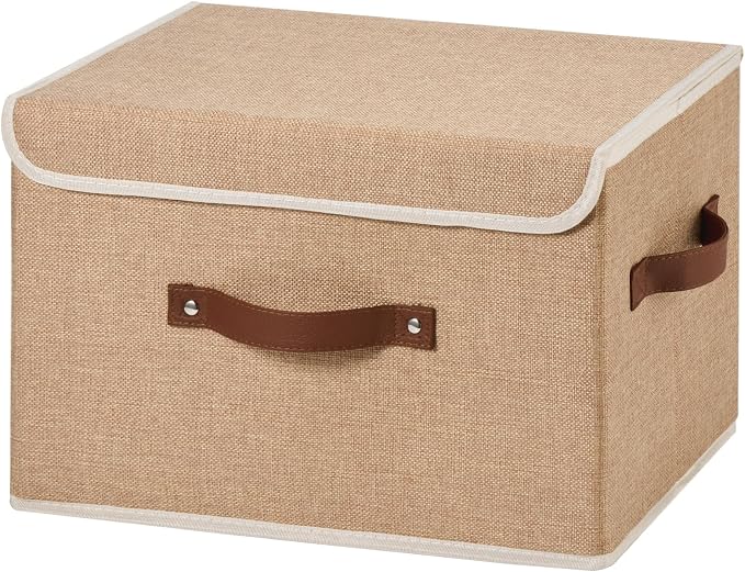 Collapsible Storage Boxes Baskets with Lid Cotton Linen Fabric Storage Bins with Faux Leather Handles Decorative Washable Cube Organizer Container for Home Closet Bedroom (Linen, Large Size)