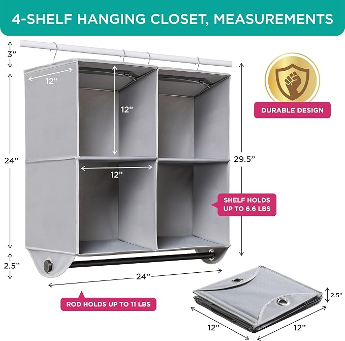HOLDN’ STORAGE Hanging Closet Organizer with Garment Rod, 4-Shelf | Heavy Duty Hanging Shelves for Clothes, Sweaters & Shoes, 600D Fabric Storage Unit with Built-in Clothing Rod, Grey