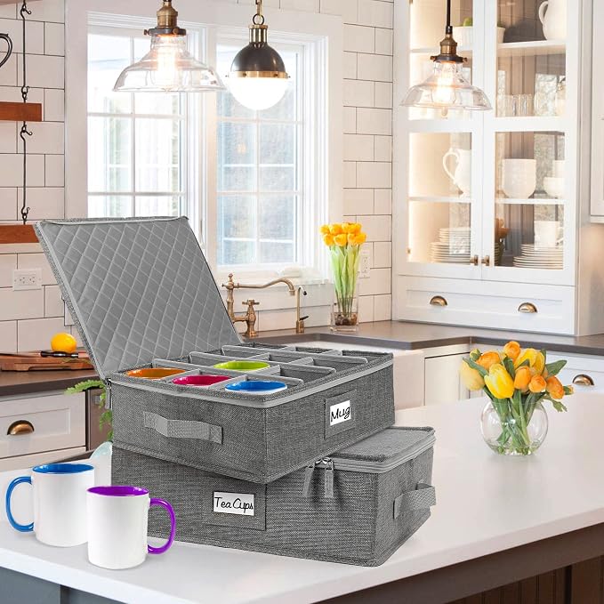 LotFancy Cup and Mug Storage Container, Hard Shell, China Coffee Mug Storage Box for Moving, with Dividers & Handles, Holds 12 Tea Cups, Grey