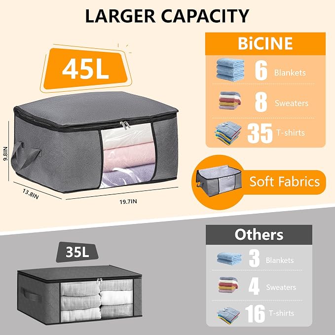 BiCINE 6 Pack Clothes Storage Bags with Zipper, Foldable Blanket Storage Box with Clear Window Reinforced Handles for Closet, Dorm, Pillows, Bedding, Sheet, Comforter, 45L Gray