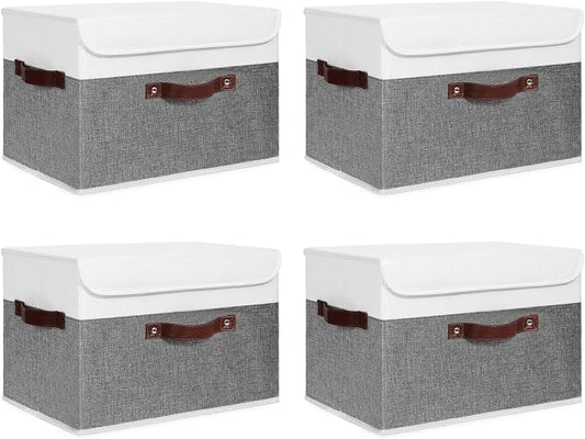 ANMINY 4PCS Storage Boxes with Lid Washable Decorative Storage Bins Basket with PU Leather Handle Foldable Linen Fabric Storage Cubes Containers for Home Closet Organizer - Gray White, Large Size