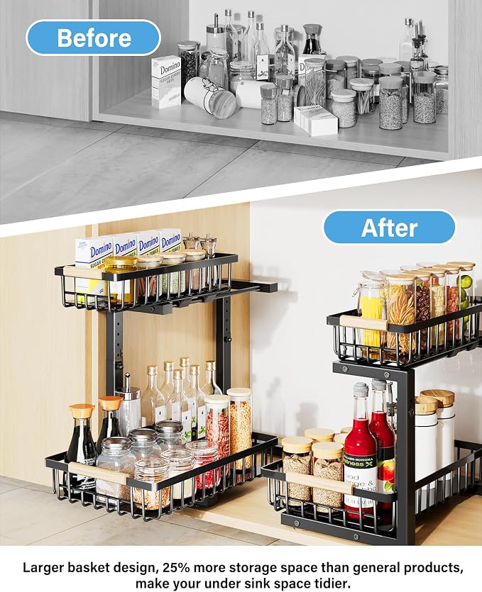 Under Sink Organizer Storage for Families: Pull Out Storage Undersink Organizers Drawer Cabinet - Sliding 2 Tier Rack Metal Organization Under Counter Kitchen Bathroom for Homemakers(Black,1 Pack)