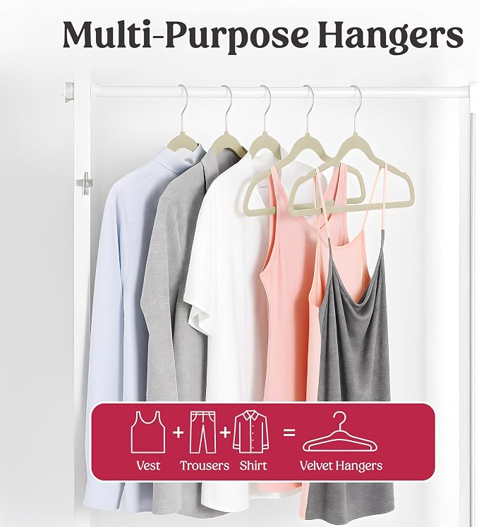 LDC Ivory Velvet Hangers 50 Pack - Premium Non-Slip Clothes Coat Pants Felt Hanger for Closet - Heavy Duty Space Saving 360° Swivel Hook Hangars - Ivory
