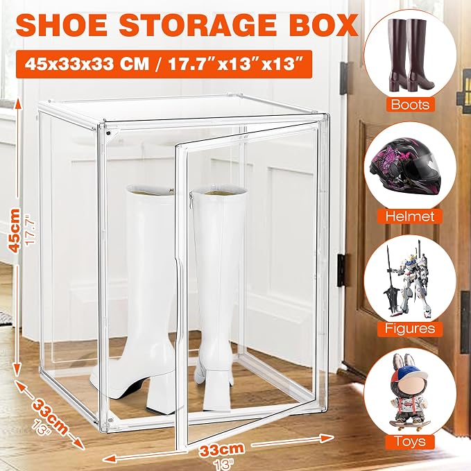 XXX-Large Extra Large Acrylic Display Case 17.3'' x 13'' x 13'' Transparent Sneaker Shoe Organizer Clear Plastic Stackable Boot & Shoe Boxes Large Showcase for Helmet, Handbag, Figures Collectibles