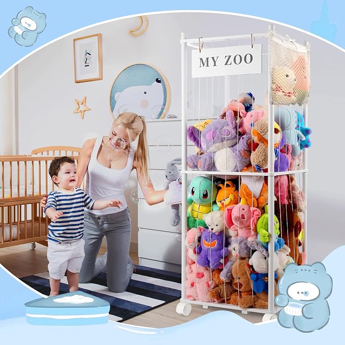 GLDZI Stuffed Animal Storage Zoo with Wheels, Wooden Stuffed Animal Organizer with Elastic Cords, Space Saving Toy Plushies Storage Holder for Playroom, Bedroom, Living Room(White, Large)