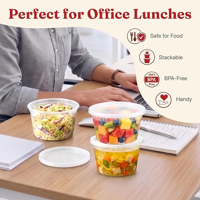 12oz Deli Containers with Lids (48 Set/96 Pcs) Small Fruit Cups with Lids, Freezer Microwave Safe, BPA-Free Stackable Airtight Leakproof Salad Dressing Condiment Dipping Sauce Cups