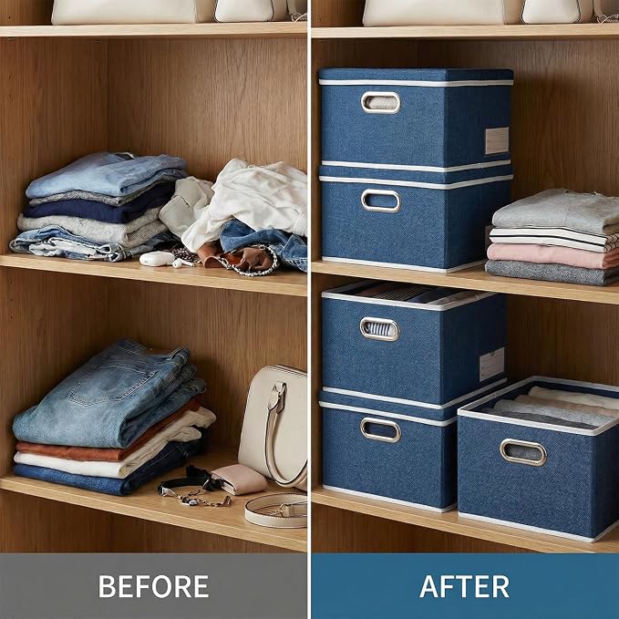 PRANDOM Storage Bins with Lids [3-Pack] Linen Fabric Foldable Storage Boxes Organizer Containers Baskets Cube with Cover for Bedroom Closet Office Royal Blue（11.4X8.6X6.7