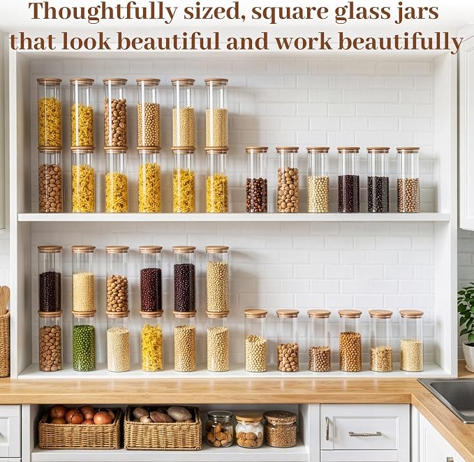 77L Stackable Glass Food Storage Containers with Lids [Set of 8 ], Airtight Glass Canister for Kitchen & Pantry Organization, Clear Borosilicate Jars for Pasta, Cereal, Flour, Sugar, Nuts