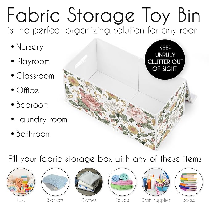 Sweet Jojo Designs Vintage Floral Boho Girl Small Fabric Toy Bin Storage Box Chest for Baby Nursery or Kids Room - Blush Pink, Yellow and Green Shabby Chic Rose Flower Farmhouse