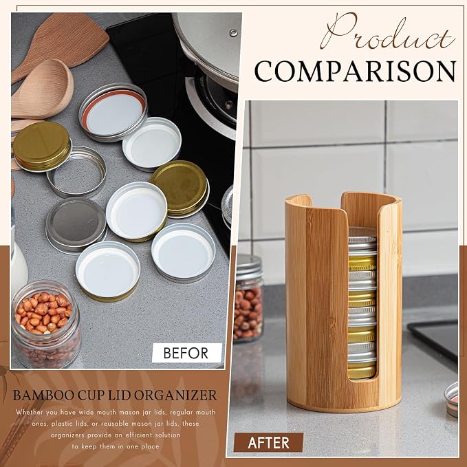 Suclain 2 Pcs Mason Jar Lid Organizer (Only for Wide Mouth) Bamboo Vertical Mason Jar Lid Storage Accessories Tumbler Lids Holder Cup Lids Organizer for Home Kitchen Countertop Cupboard