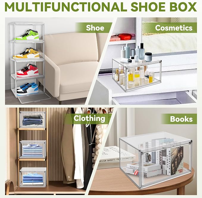 12 Pack Sneaker Boxes Clear Plastic Stackable Shoe Box Size 12.5, Transparent Display Case with Magnetic Acrylic Door, Dustproof Storage Bins for Closet, Over the Door Shoe Organizer
