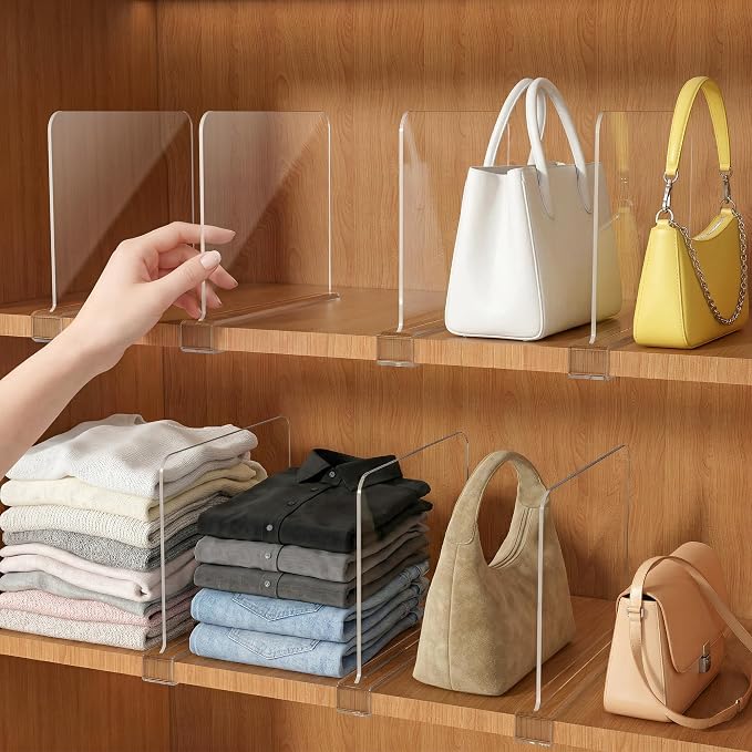 OKPOW Shelf Dividers for Closet Organization - 10 Pack 8" Tall X 12" Deep Acrylic Clear Sturdy Separators for Clothes Purse - Adjustable Removable Easy to Install Storage for Wood Cabinet Housewife