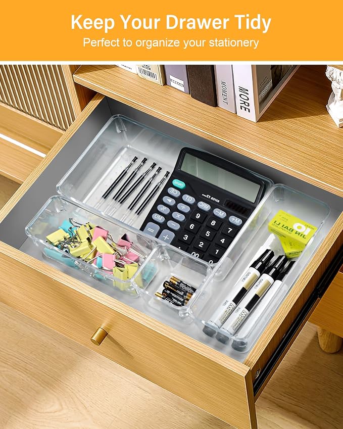 25 PCS Clear Plastic Drawer Organizers and Dividers, 4 Sizes Stackable Drawer Storage Bins and Organizer Trays for Bathroom, Kitchen, Office, Makeup, Vanity, Utensils, and Crafts